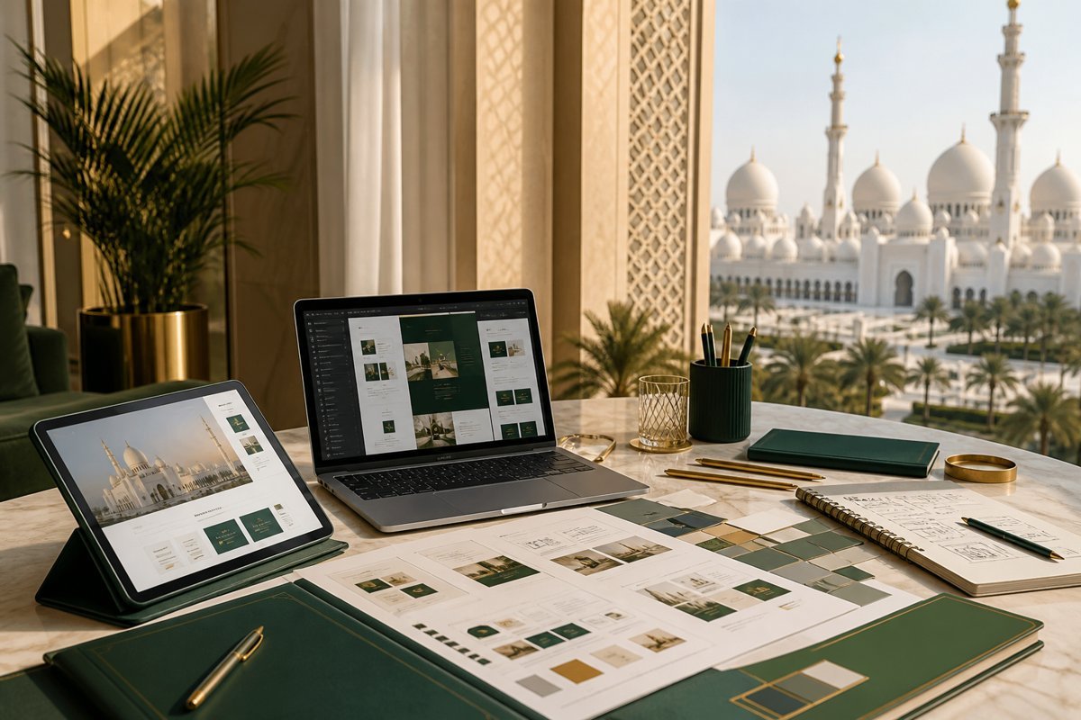 Illustrative service design mockup with Abu Dhabi in the background