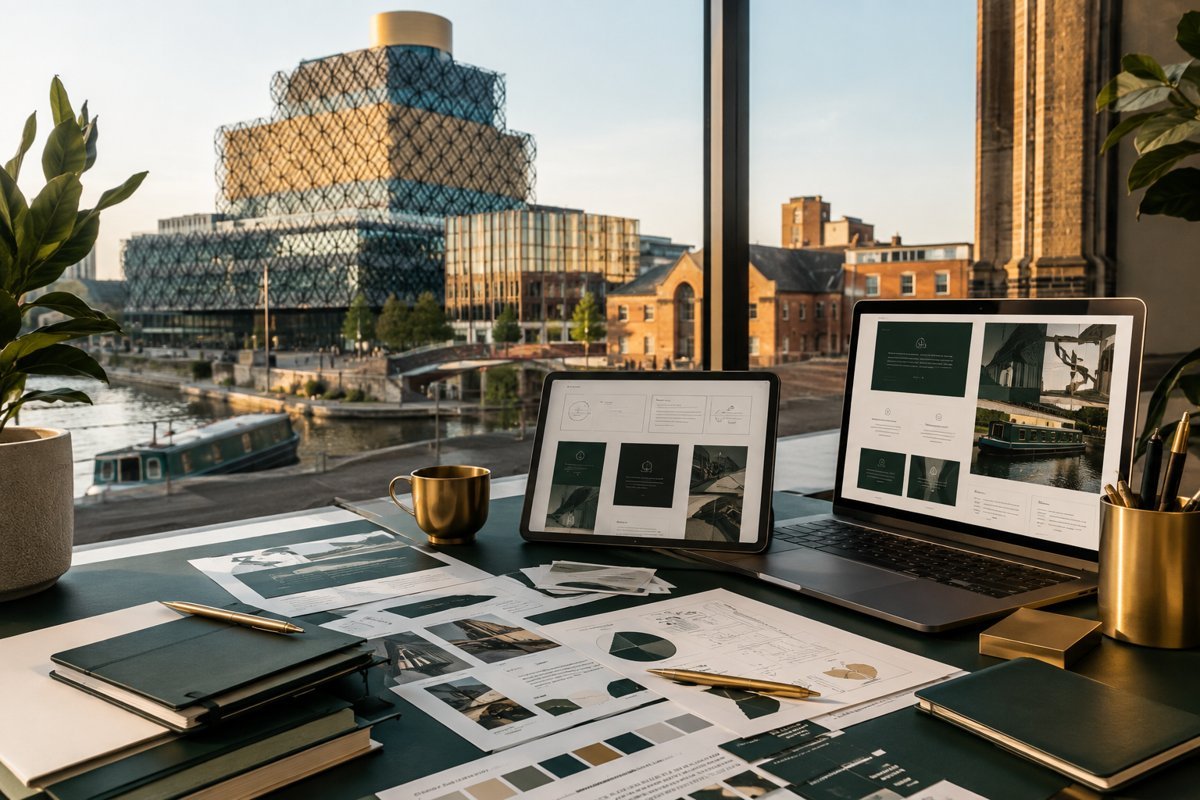 Illustrative service design mockup with Birmingham in the background