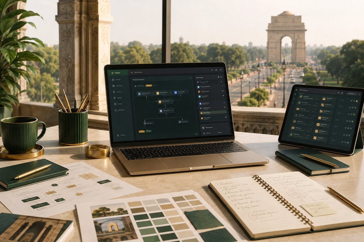 Illustrative service design mockup with Delhi in the background