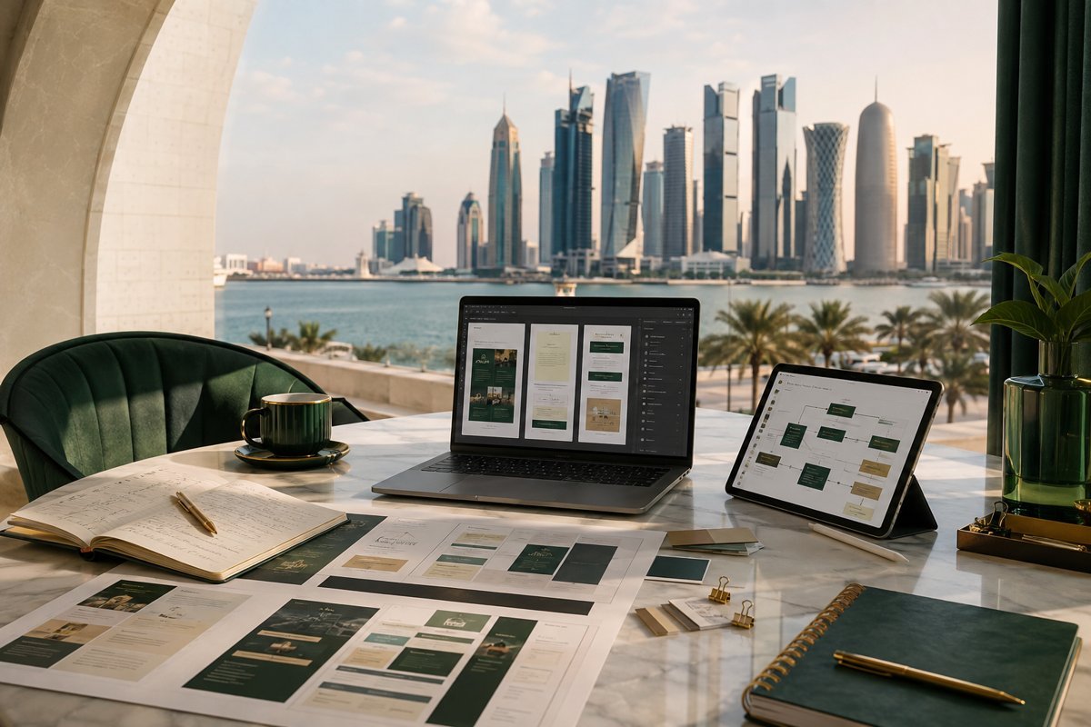 Illustrative service design mockup with Doha in the background