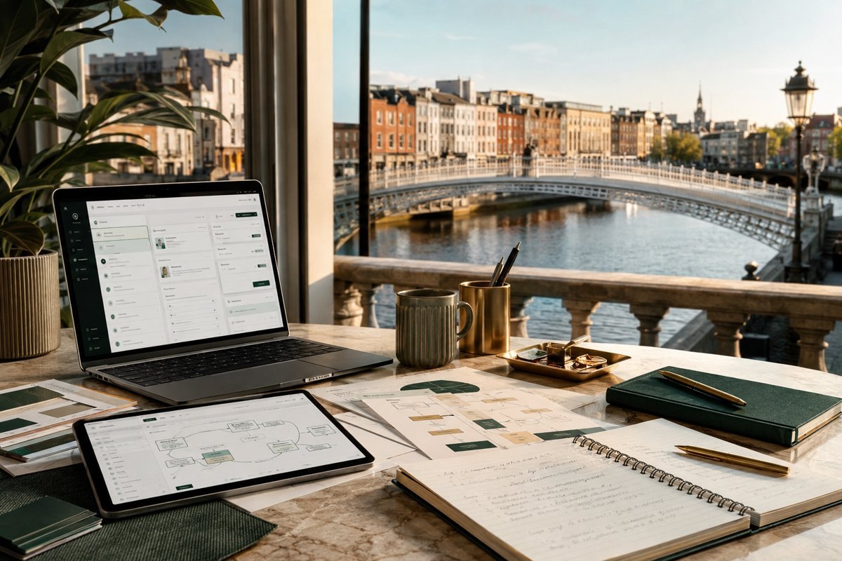 Illustrative service design mockup with Dublin in the background