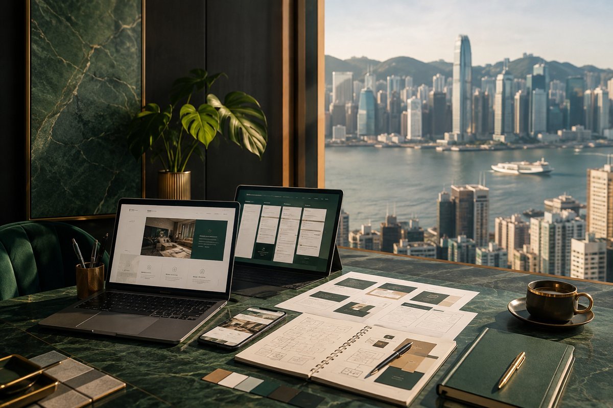 Illustrative service design mockup with Hong Kong in the background