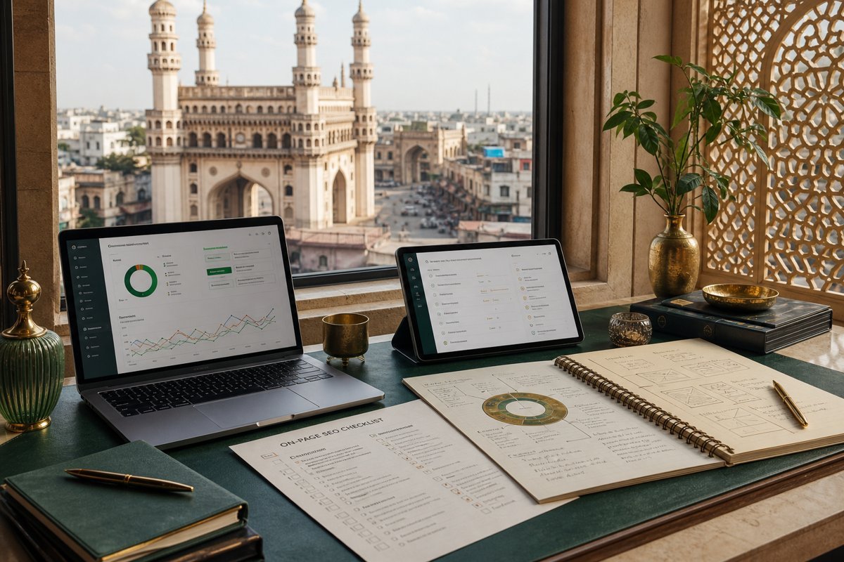 Illustrative service design mockup with Hyderabad in the background