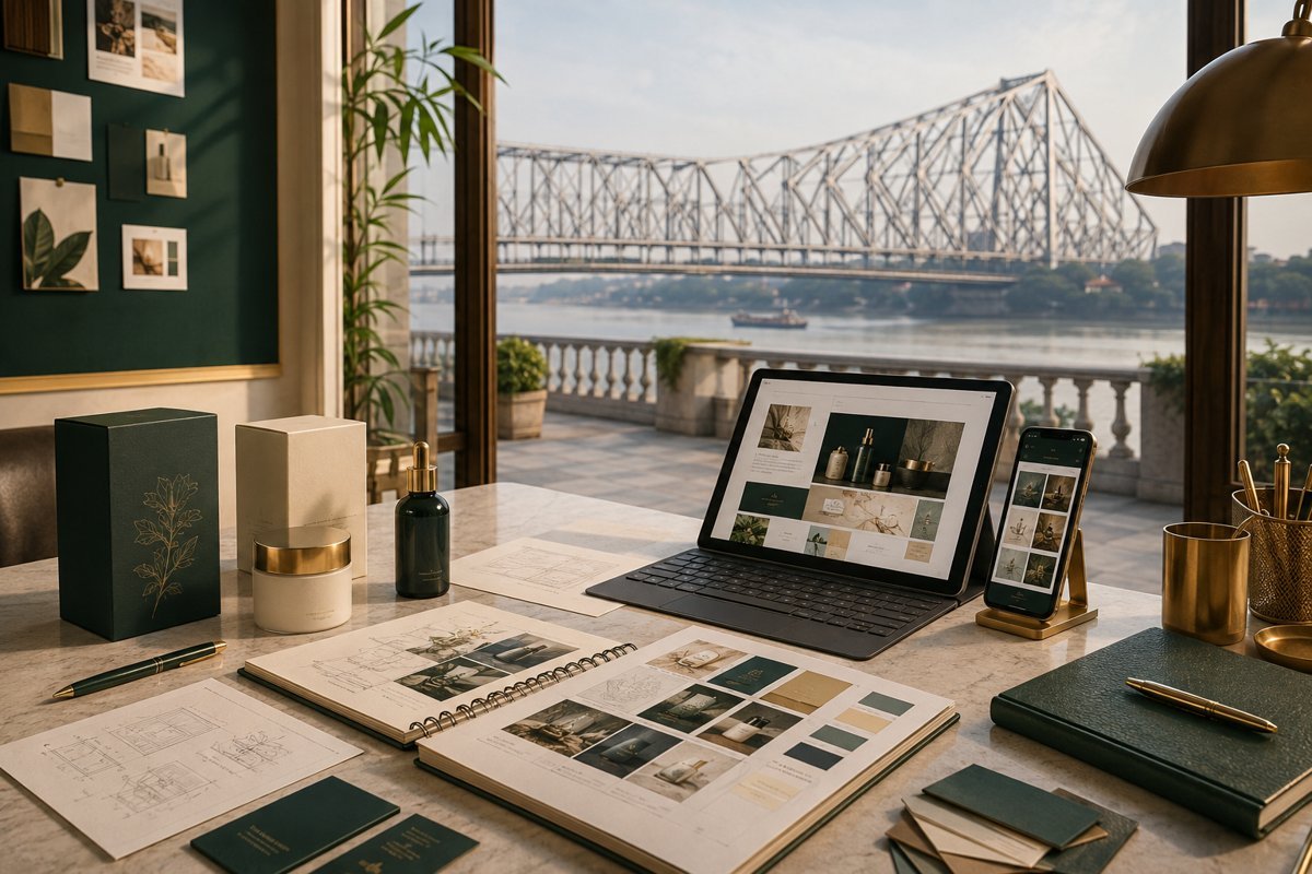 Illustrative service design mockup with Kolkata in the background