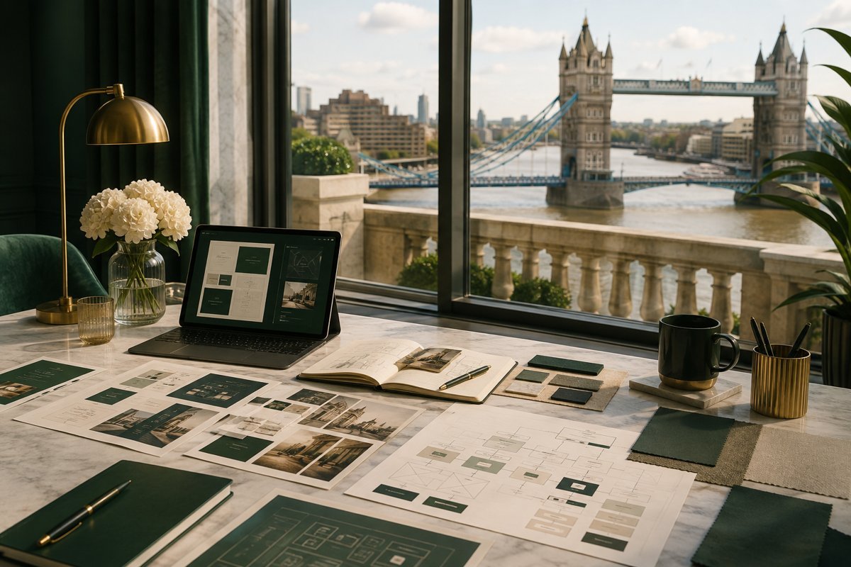 Illustrative service design mockup with London in the background