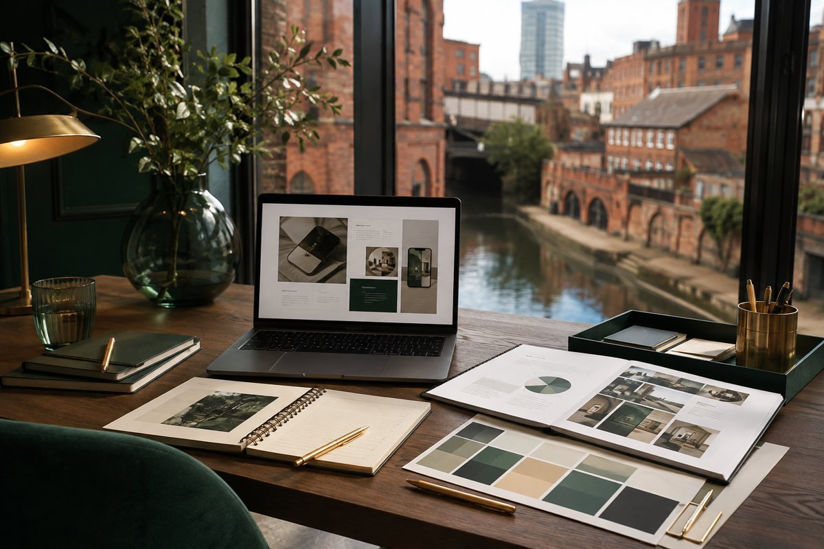 Illustrative service design mockup with Manchester in the background