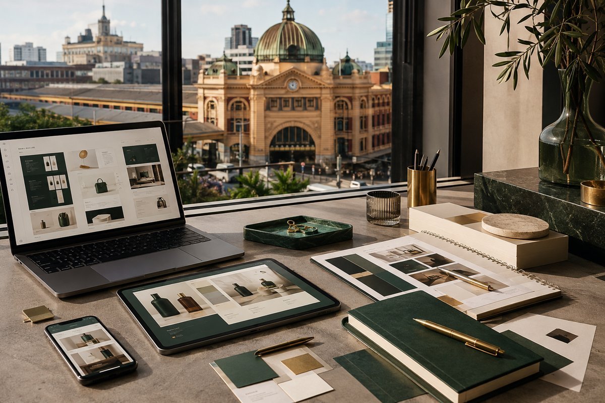 Illustrative service design mockup with Melbourne in the background