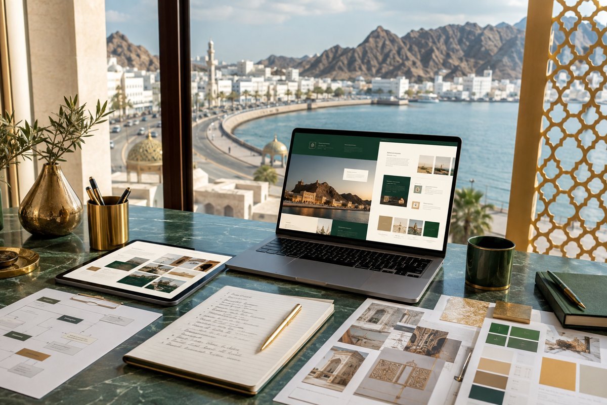 Illustrative service design mockup with Muscat in the background