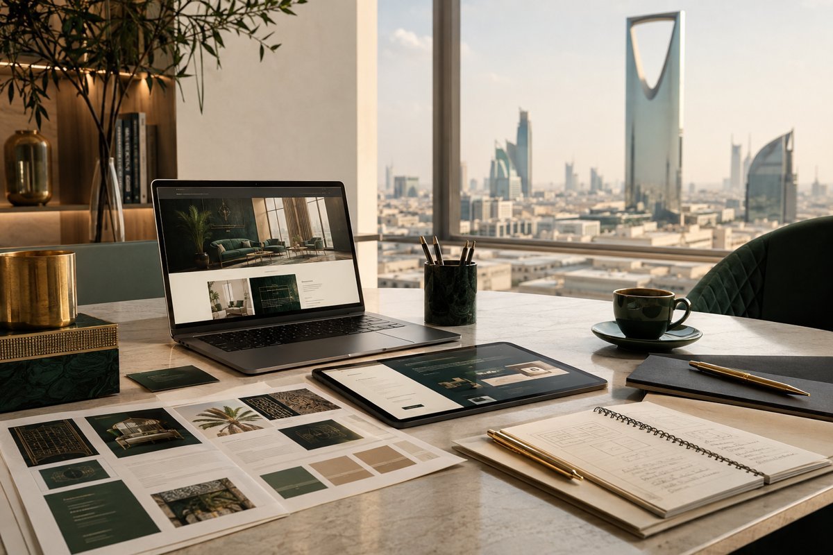 Illustrative service design mockup with Riyadh in the background