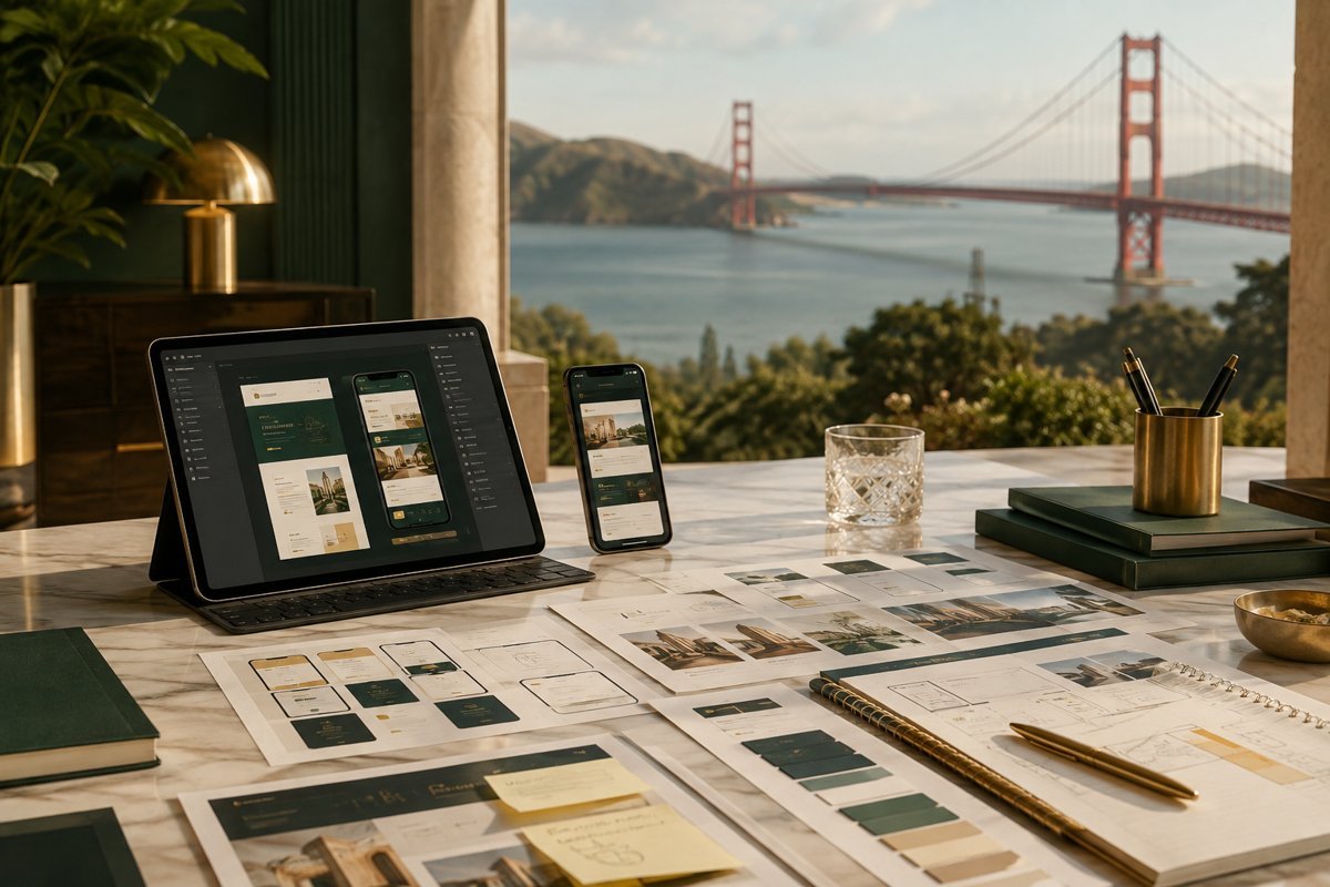 Illustrative service design mockup with San Francisco in the background