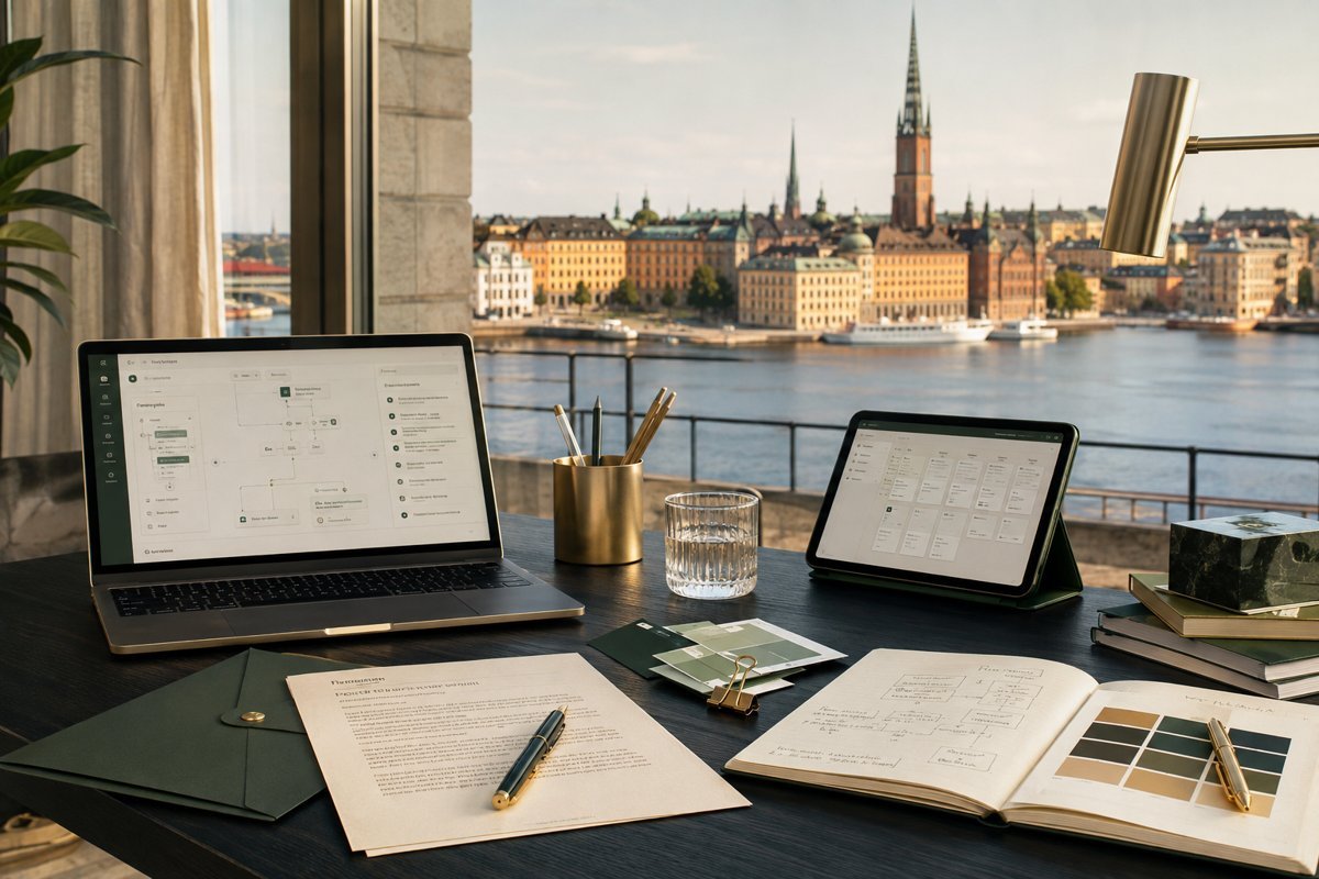 Illustrative service design mockup with Stockholm in the background