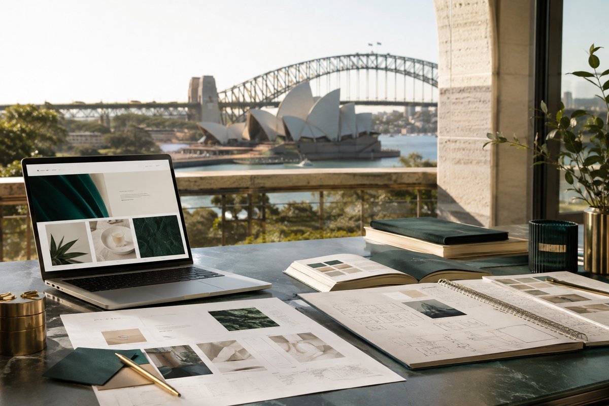 Illustrative service design mockup with Sydney in the background