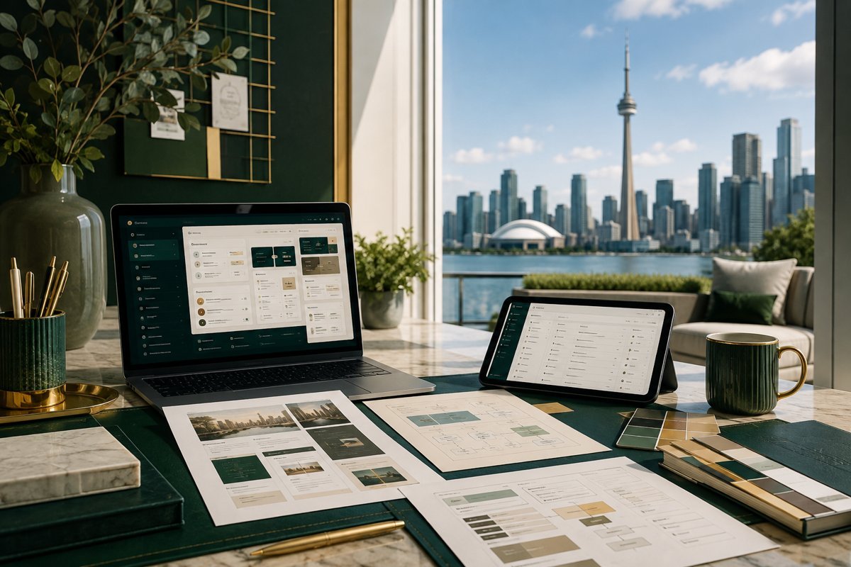 Illustrative service design mockup with Toronto in the background