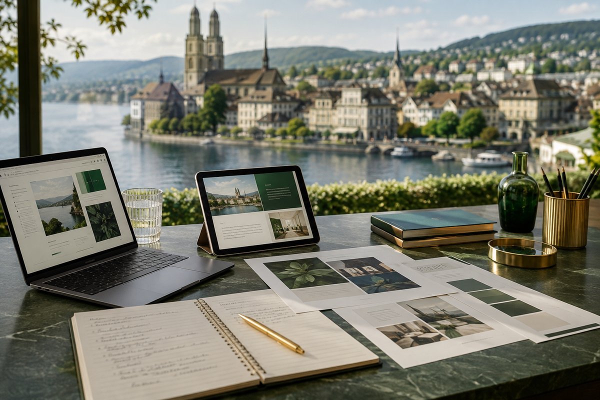 Illustrative service design mockup with Zurich in the background