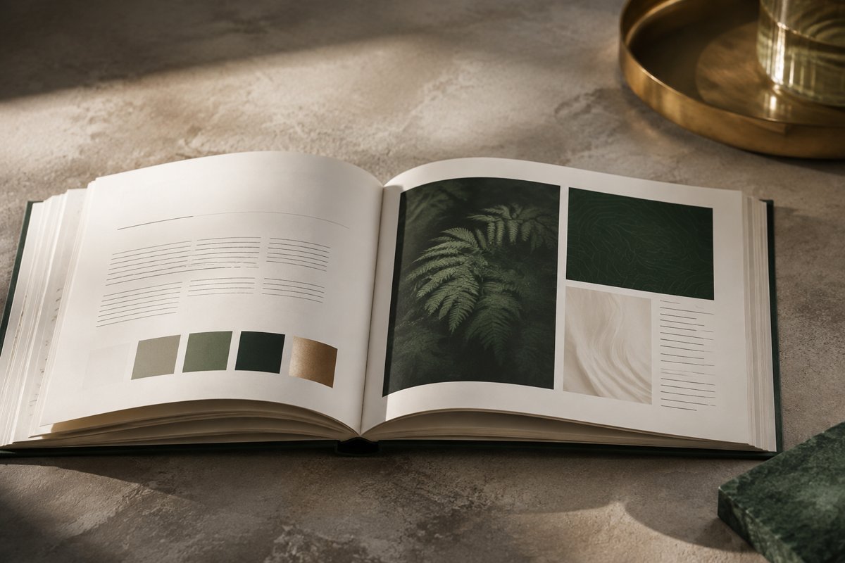 Open brand guidelines book with colour palette and visual language