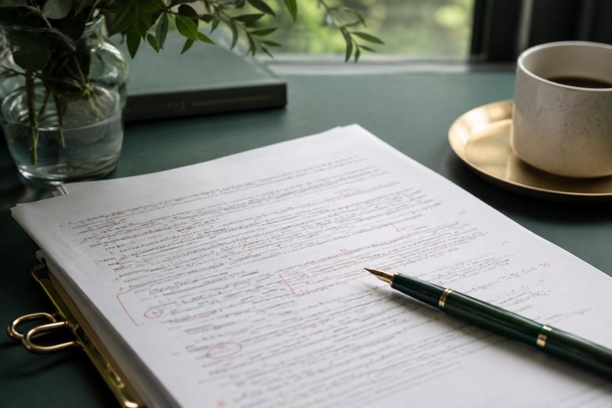 Printed article proof with precise editing marks and pen