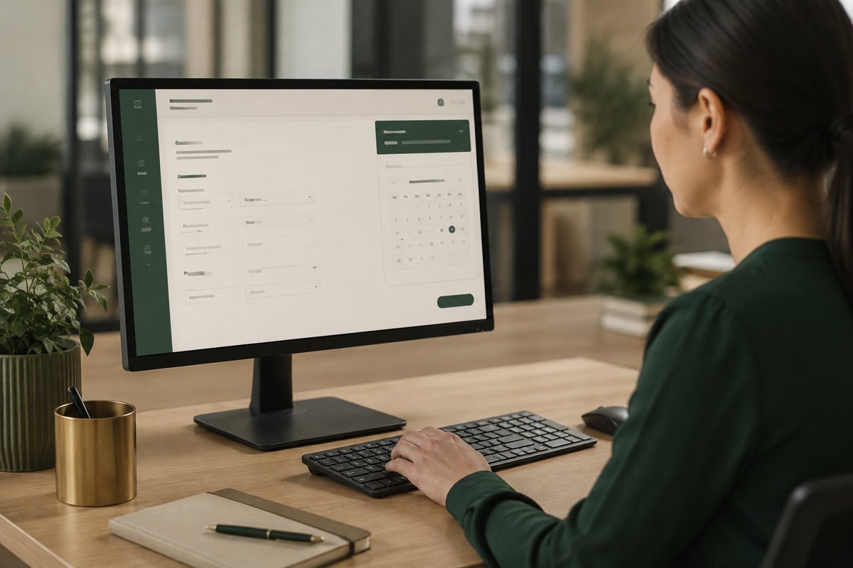 Employee self-service leave request interface at an office desk