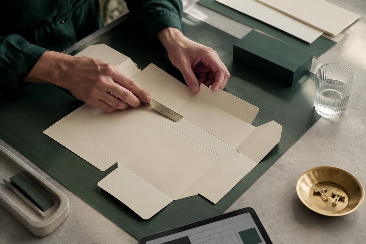 Hands measuring and folding an ivory packaging dieline
