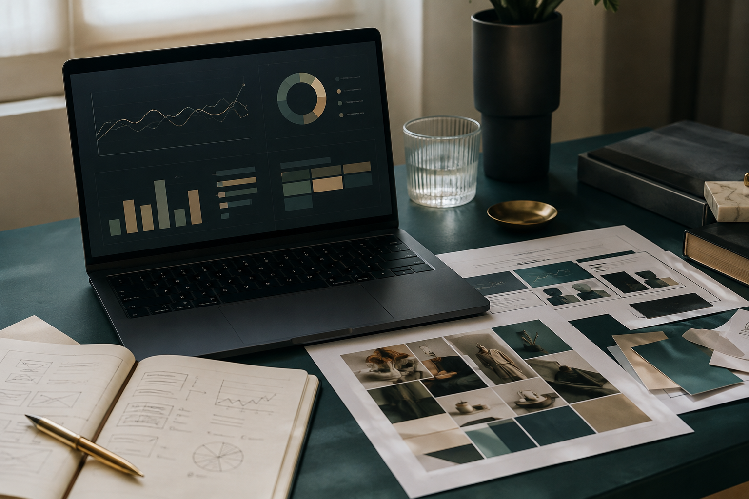 Digital marketing workspace with campaign planning materials, website wireframes and a laptop
